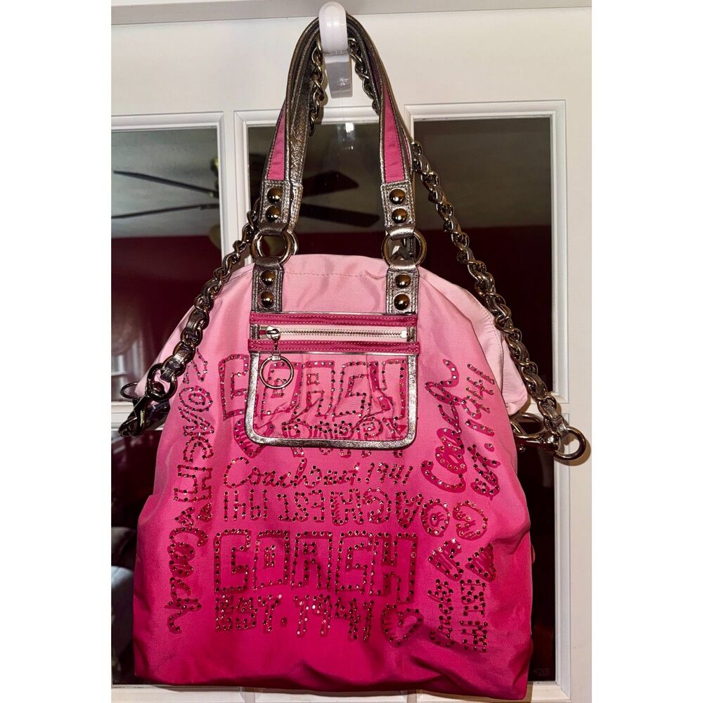 Coach Poppy Graffiti Rhinestone Ombre Glam Tote Pink Metallic Silver 15312 Y2K